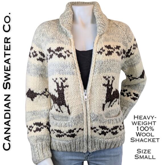 Canadian Sweater Co Cowichan Wool Shacket Coatigan Small VTG Cream Gray Deer - Picture 1 of 11